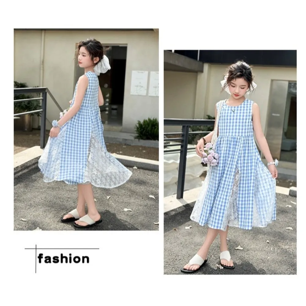 

Детское клетчатое платье с круглым вырезом без рукавов, детское длинное платье принцессы в сетку, повседневная длинная юбка в стиле пэчворк для девочек, пляжный отдых