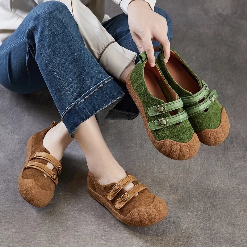 DRKANOL Women Flat Shoes 2026 Spring Summer Shallow Genuine Cow Leather Retro Literary Style Soft Comfort Casual Single Shoes