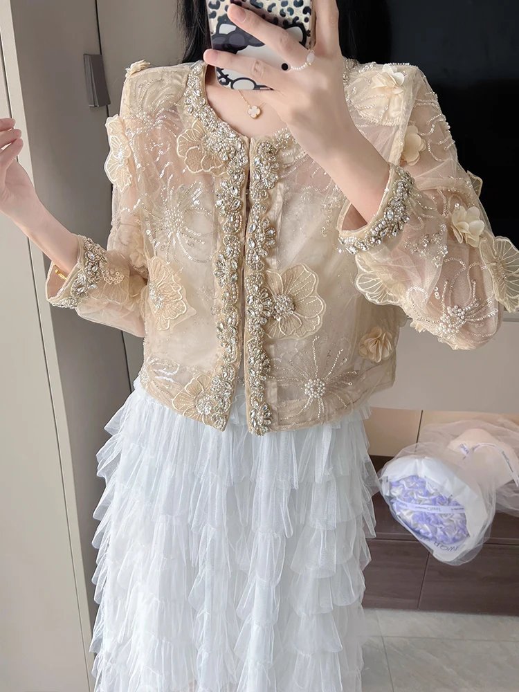 

Лето 2025: Новая коллекция! Кардиган-пальто с вышивкой и пайетками, солнцезащитный, в стиле «Маленькая Франция», для женщин.