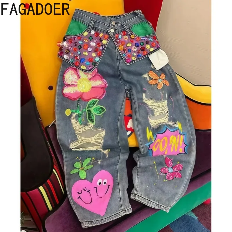 FAGADOER Retro Fashion Spring Floral Denim Pants Women Rhinestones Hole Patchwork Shining Jeans Female Streetwear Bottoms New