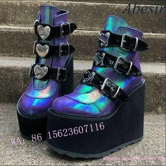 

New Large Size Colorful Wedge Heel Women's Calf Boots Platform Belt Embellished with Love Metal Decoration Fashion Women's Boots