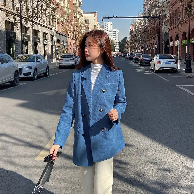 Women's Winter Retro Casual Short Corduroy Suit Jacket British Style Solid Color Loose Double Breasted Long Sleeved  