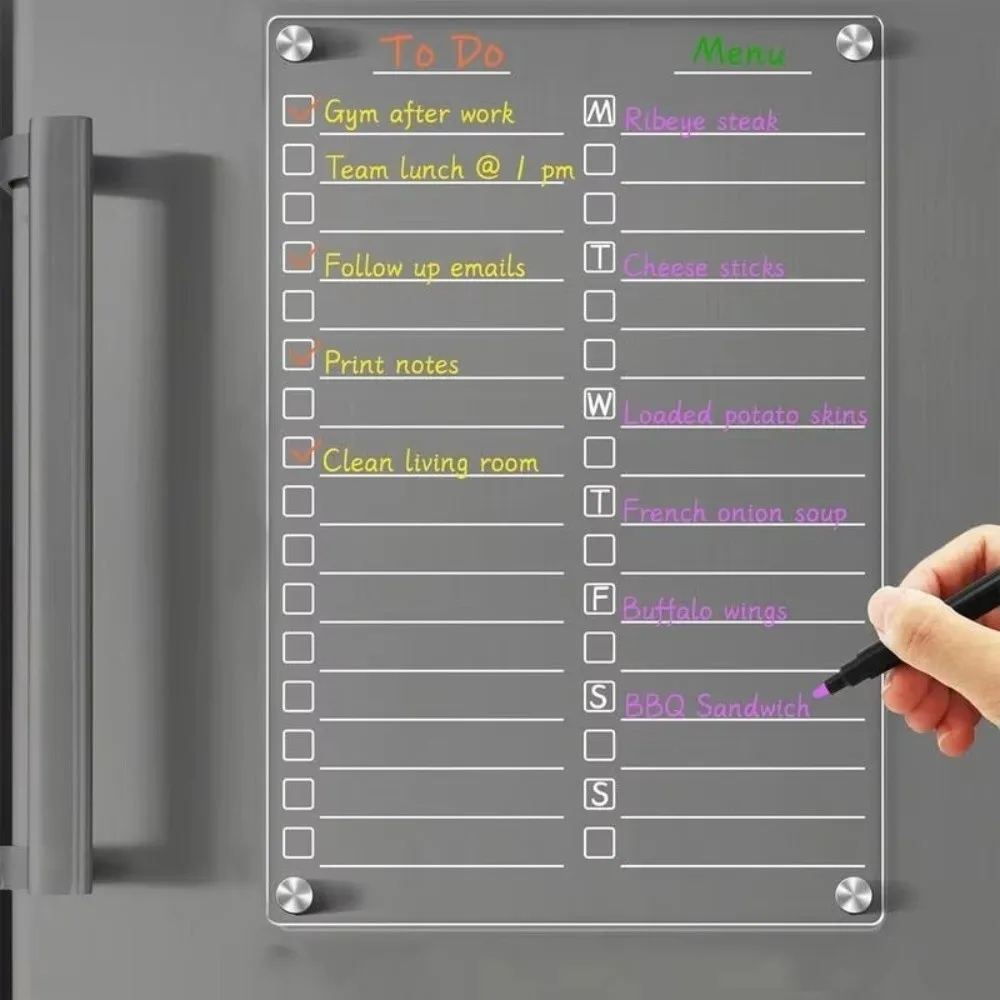 Reusable Fridge Weekly Calendar Multifunctional with 3/8 Markers Erasable Memo Board Frameless Transparent