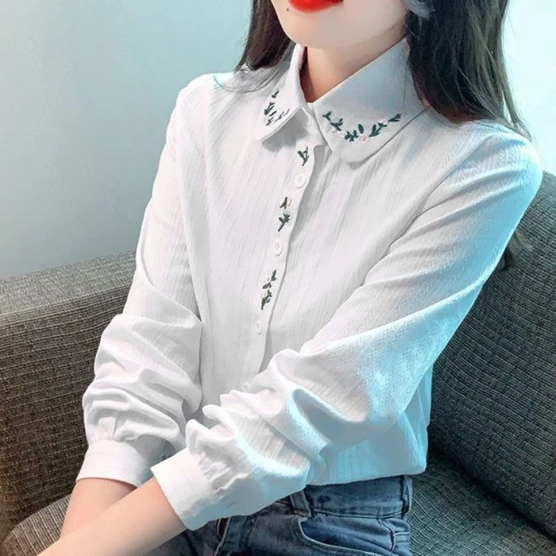 

Вышитая хлопковая женская блузка с длинным рукавом, весна 2026, в корейском стиле, на одной пуговице, универсальный элегантный топ