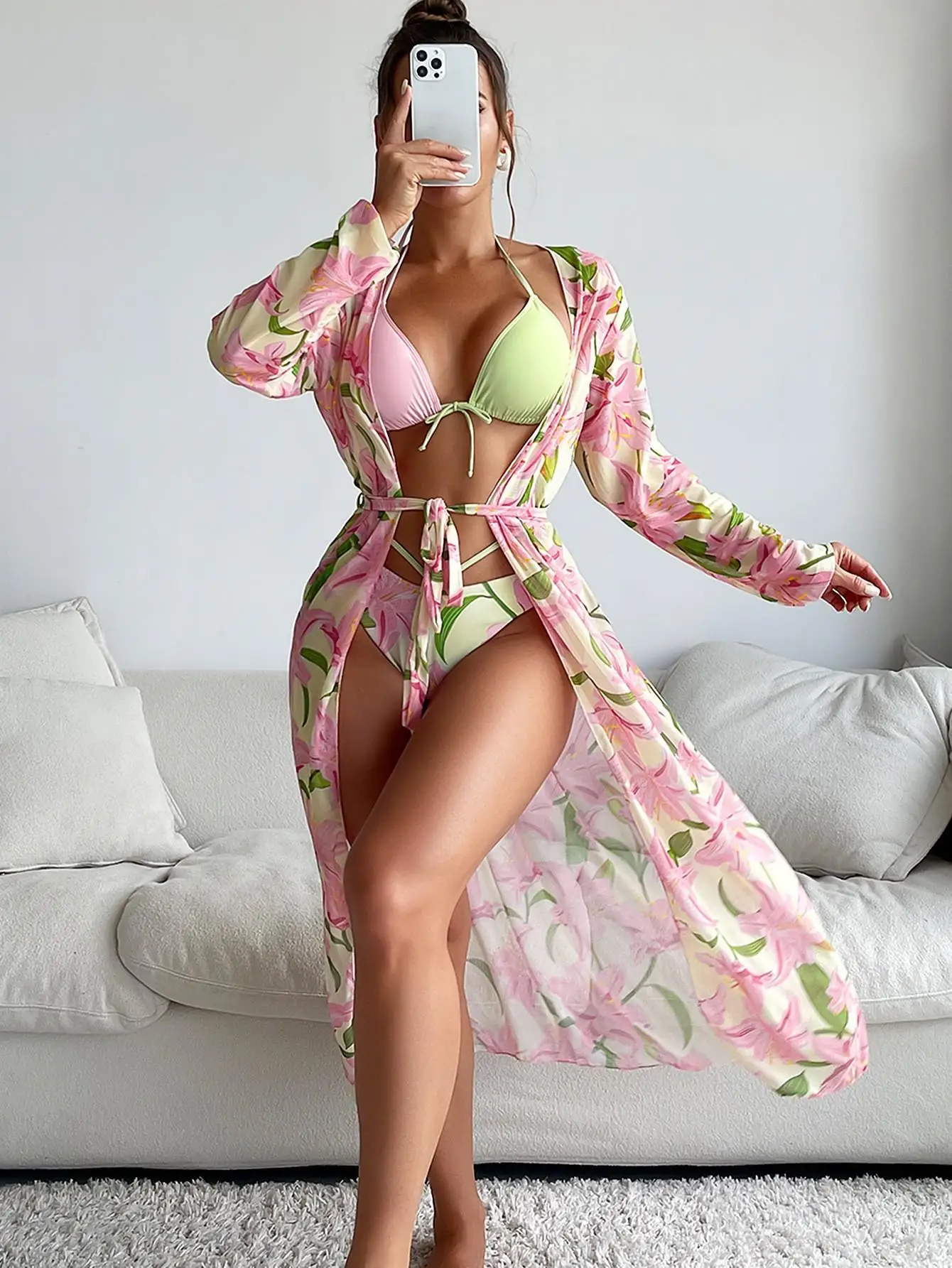 

Printed Tee-piece Bikini Coverup Swimsuit Polyester Material with Chest Pad No Steel Support e Design Swimmingwear