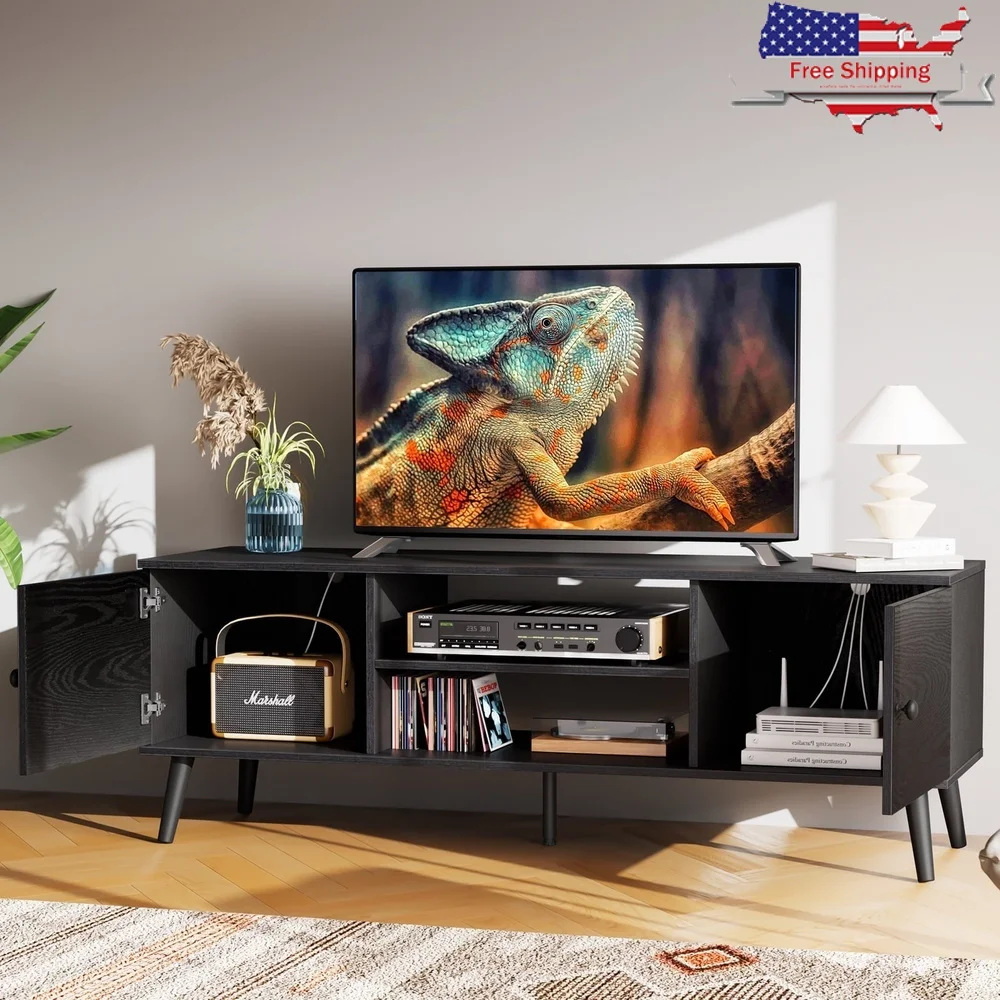 

Modern Wood TV Stand TVs up to 60 inches Entertainment Center with 2 Storage Cabinets Adjustable Shelves Cable Management Easy