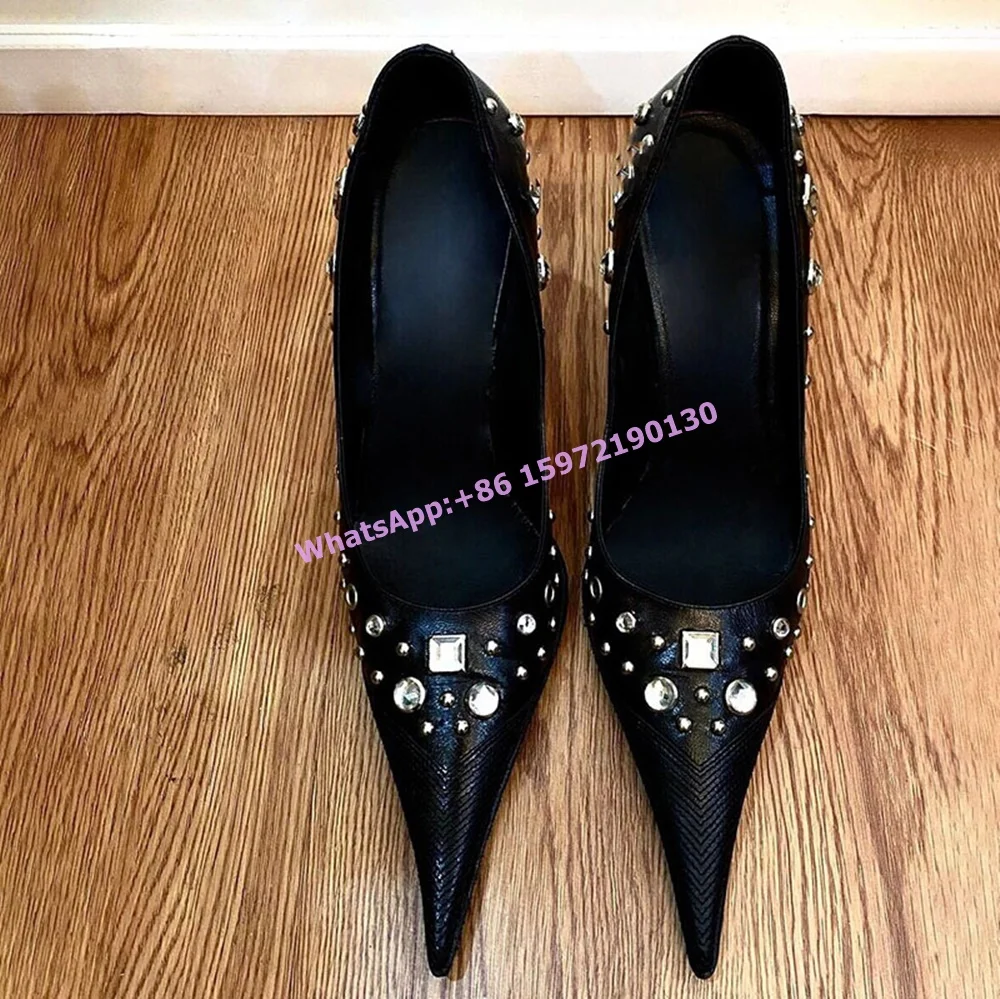 

Black Punk Rivet Rhinestone Pumps Pointy Toe Thin Heels Slip On Women Fashion Shoes Sexy Luxury Runway Solid Fashion Shoes