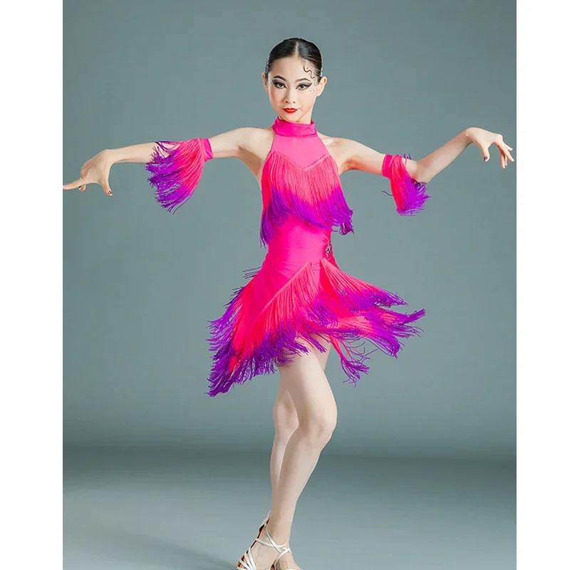 Gradual Fringed Dress Performance Outfits Children'S Latin Dance Dress For Girls Latin Competition Costumes Sleeveless