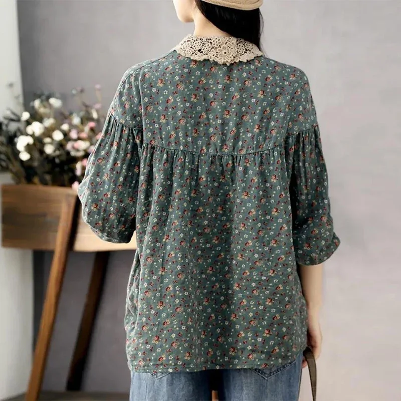 Spring Autumn Lace Patchwork Doll Collar Floral Print Shirt Ladies Literary Vintage Long Sleeve Cotton Blouse Top Female Clothes