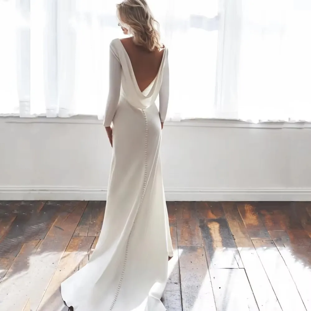 Elegant Long Sleeves Mermaid Back Cowl Wedding Dresses O-neck Beach Backless Bridal Party Gown Vestido De Novia Sweep Train