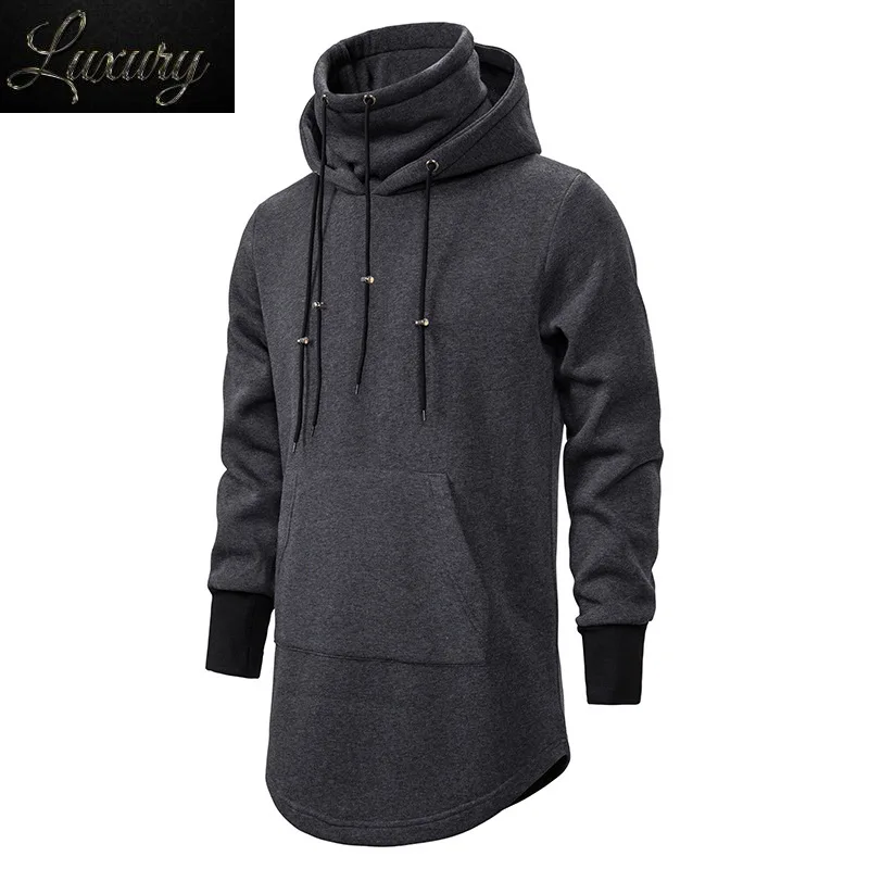 

2023 New Men Slim Long section High collar Hooded Sweatshirt Man Extend Curved hem Solid black Cotton Casual Pullover Hoodies