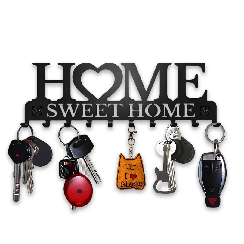 【2D Flat】Sweet Home Black Metal 10-Hook Key Holder – Wall Mount Key Rack for Entryway, Kitchen – Rustproof Housewarming Gift