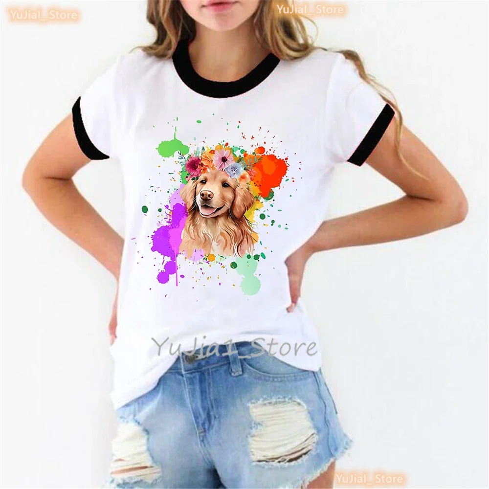 Watercolor Golden Retriever Hunting Dogs Animal Print T Shirt For Girls Funny Australian Shepherd Dog With Flower Tshirt Women