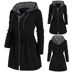 Women Fashion Windbreaker Winter Plus Size Drawstring Hooded Mid-Length With Pocket Clothing Jacket Hoodie Waterproof