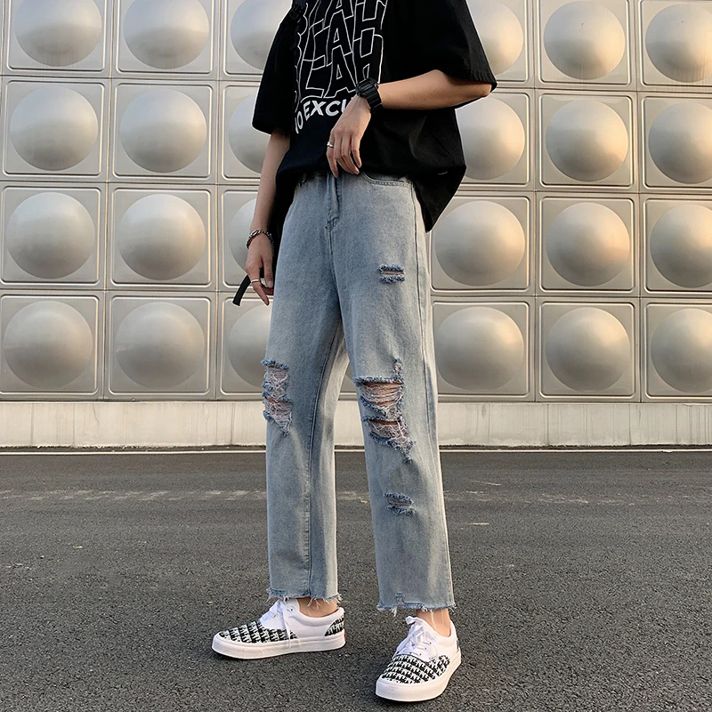 Retro Torn Frayed Jeans Men Loose Straight Leg Wide Leg Summer Street Style Design Sensation Nine Points Poor Man's Pants