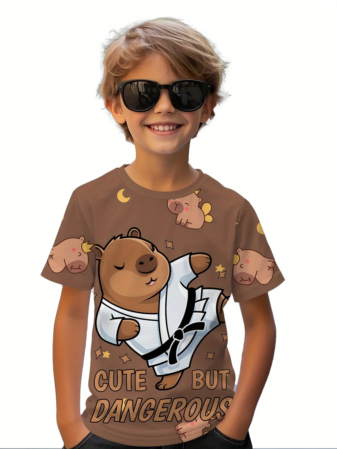 

Summer Children's Fashion Karate Bear Fun 3D Printed T-shirt, Breathable Round Neck Girls' Casual Top, Outdoor Sports T-shirt