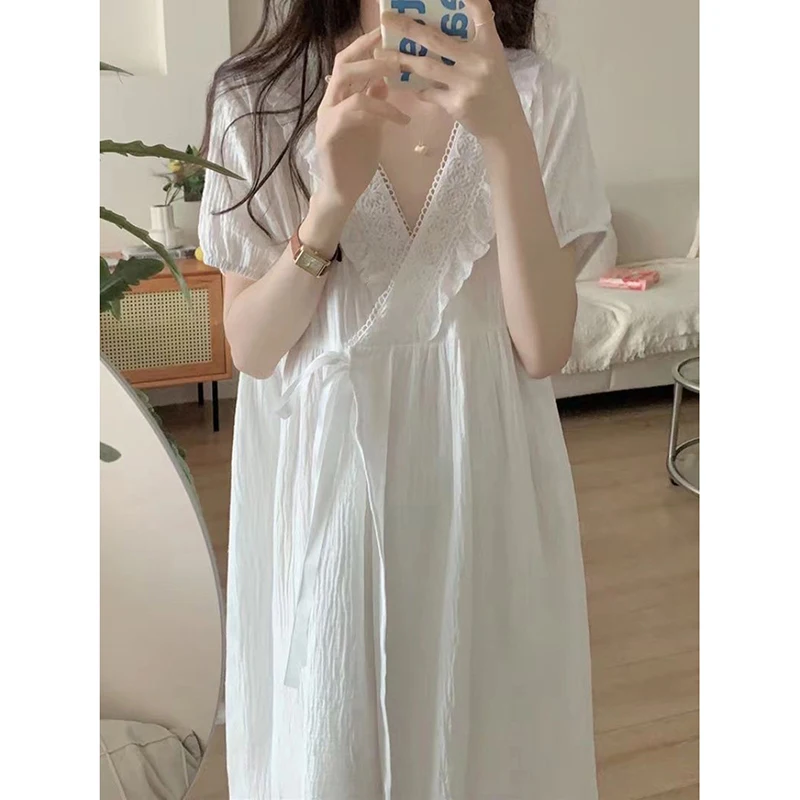 Lace Women Nightgown V-neck Sleepwear Summer Night Dress Short Sleeve One Piece Pajamas Korean Solid Tie Home Wear Robe 2024 New