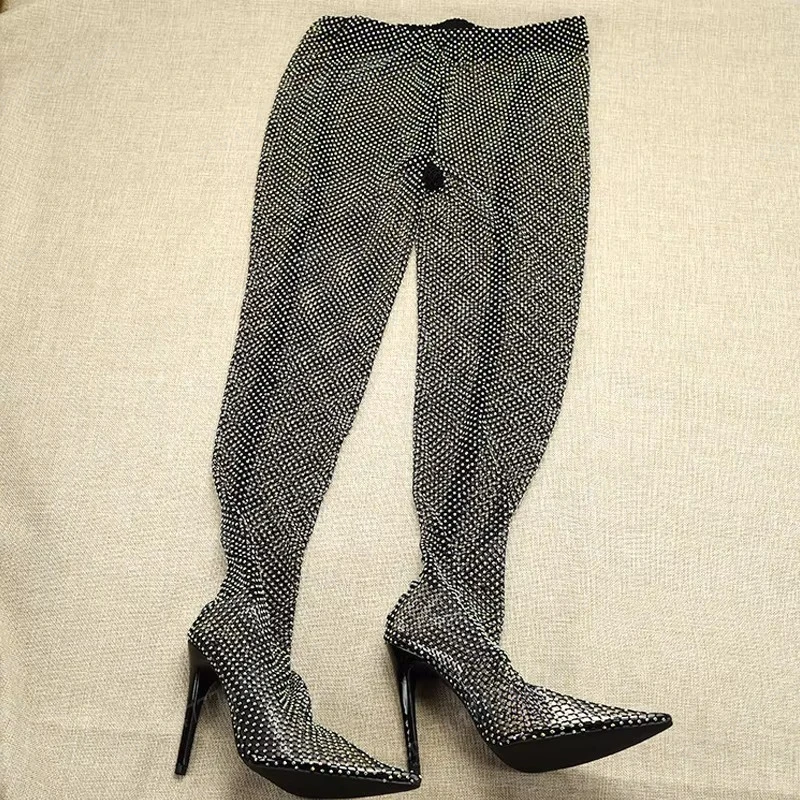 Large Size Black Sexy Rhinestone Hollow Mesh Jumpsuit Boots Women Thin High Heels Thigh High Boots Woman One-Piece Stretch Boots