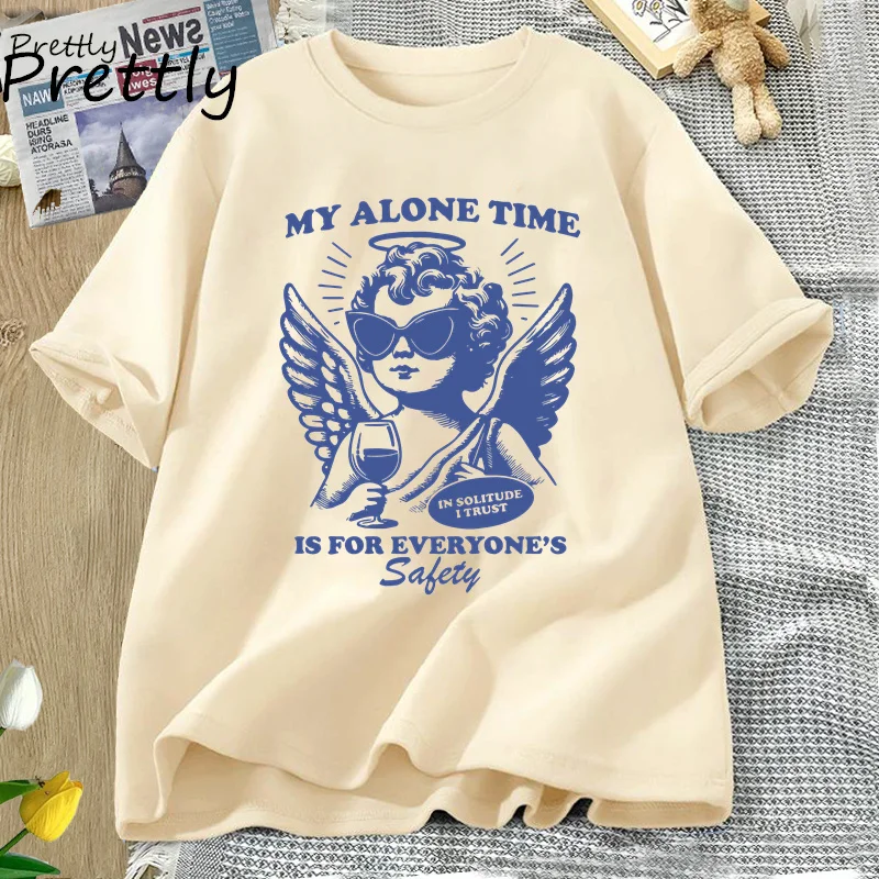 Vintage Trendy Women's T-shirt My Alone Time Is for Everyone's Safety T Shirt Funny Sarcastic Graphic T Shirts Unisex Oversized