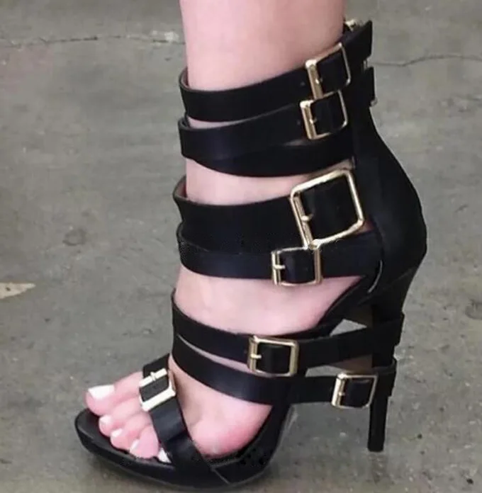 Unique Style Straps Cross Metal Buckles Fasten Thin Heel Gladiator Sandals Open Toe Red Black Stiletto Heels Summer Shoes