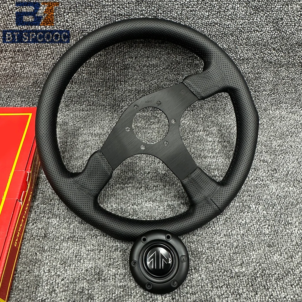 Blau-Gelb Genähtes Italien-Stil V1 Lenkrad Echtes Leder 14 Zoll 350mm Flach Italienische Rückseitengravur Racing Street Sport – Detail 9