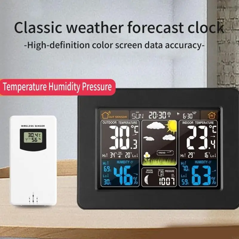 Multifunctional Digital Weather Stations Weather Alarm Clock With Bright Color Screen Temperature and Humidity Meter Y5GB
