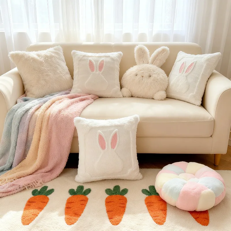 Easter Bunny Embossed Quilted Pillowcase Dual Texture Plush Cushion Case Luxury Sofa Back Pillow Cover Living Room Decor