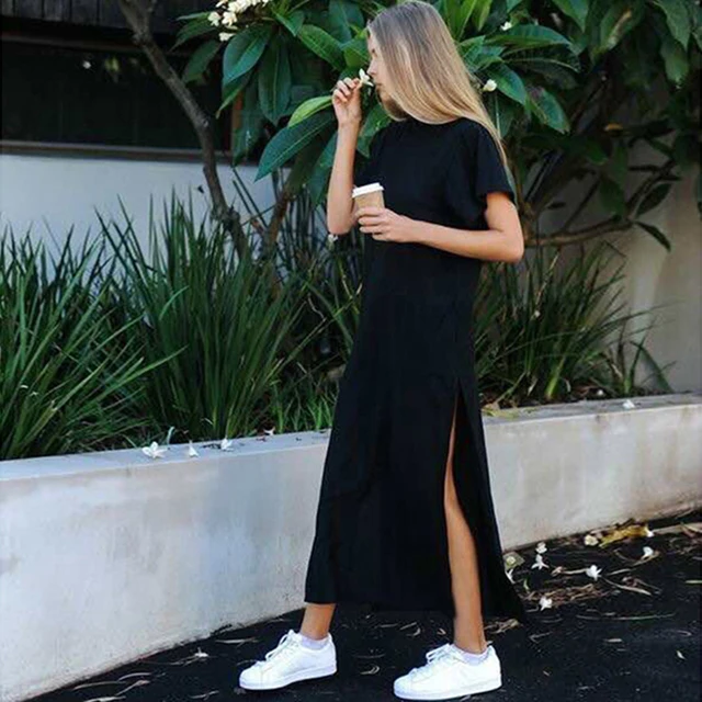 Letnia sukienka midi w koreańskim stylu dla kobiet Casual Black Long Dresses Short Sleeve Sexy Plus Size Side Open Party Maxi T Shirt Dress