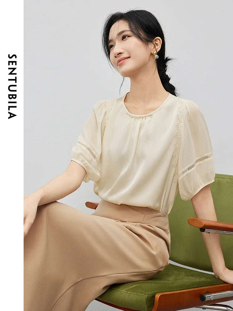 SENTUBILA Splicing Lace Chiffon Blouses Women 2024 Summer Elegant Round Neck Short Sleeve Lightweight Womens Tops 142V54895