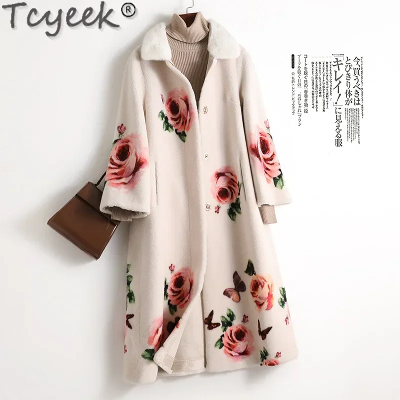 Tcyeek, abrigo de lana auténtica, ropa para mujer, cuello de piel de visón cálido, chaqueta de piel de invierno para mujer, abrigos de piel de oveja medio-largos, Пitzakто Жanntе