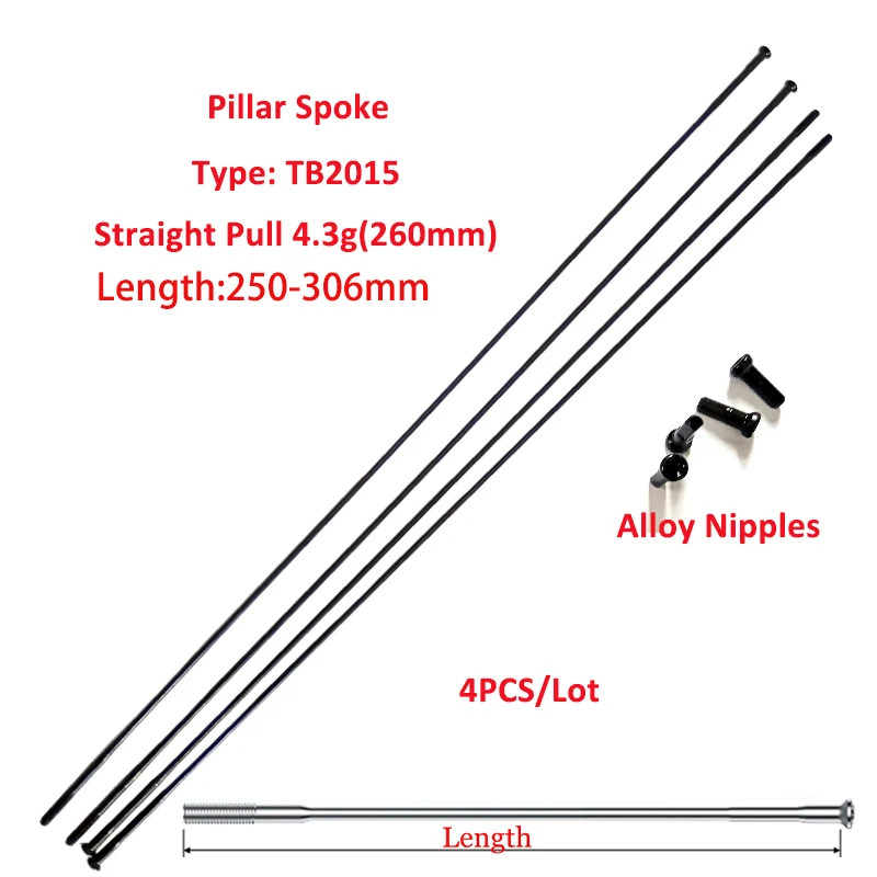 4pcs/lot Pillar TB2015 Bike Spoke FG14 2.0mm 0.0166g/mm straight pull Triple Butted Stainless Steel Black 250-306mm Alloy Nipple