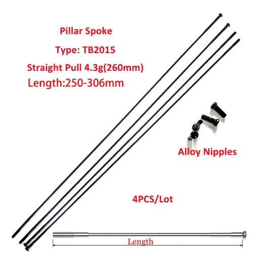 4 unids/lote Pilar TB2015 radios de bicicleta FG14 2,0mm 0,0166 g/mm tirón recto Triple tope acero inoxidable negro 250-306mm tetina de aleación