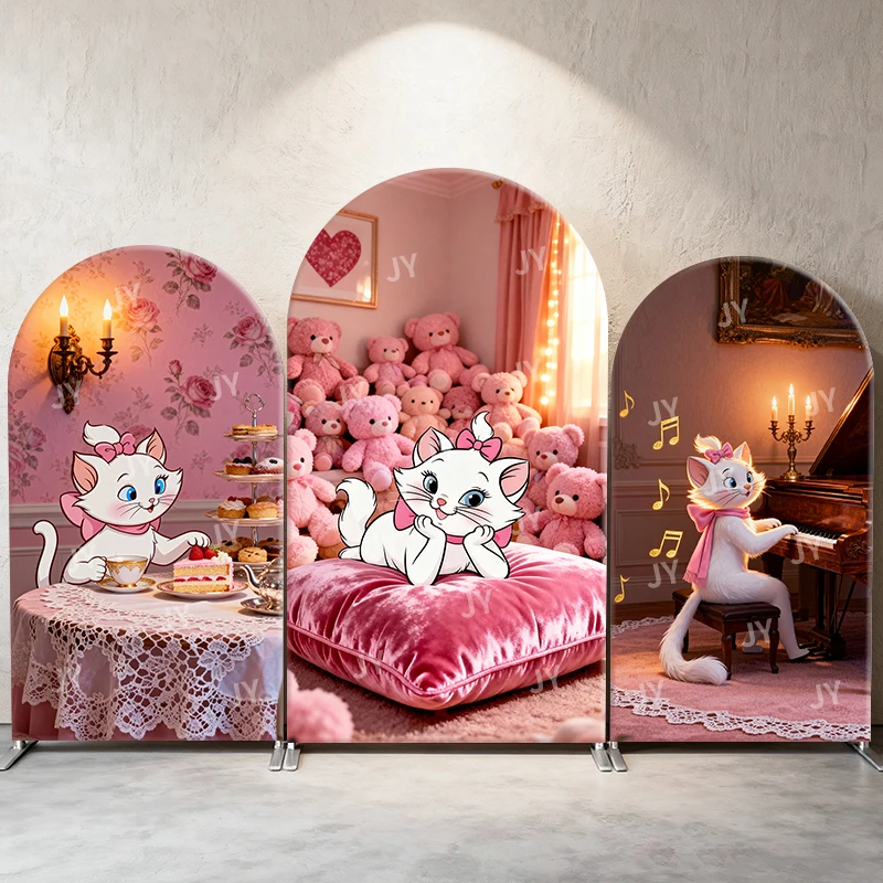 

Marie Cat Arch Backdrop Cover Teddy Bear Tea Piano Scene Cartoon Theme Kids Birthday Baby Shower Photo Booth Decor Background