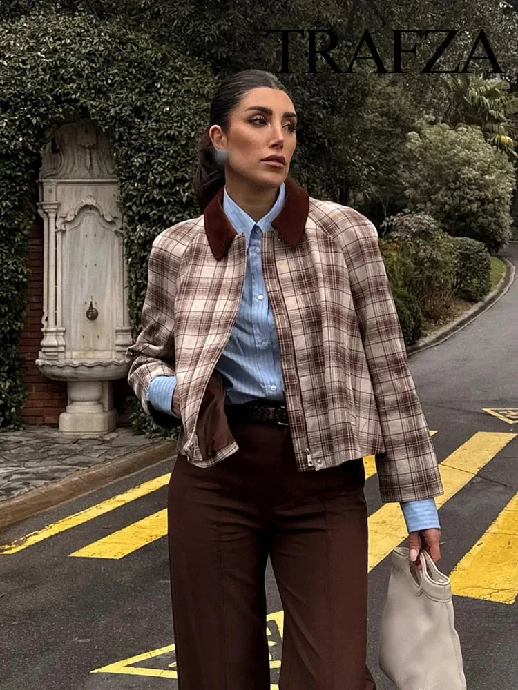 TRAFZA-Veste Courte à Carreaux pour Femme, Haut Rétro à Revers, Manches sulf, Poches, Fermeture Éclair, Streetwear, Printemps 2025