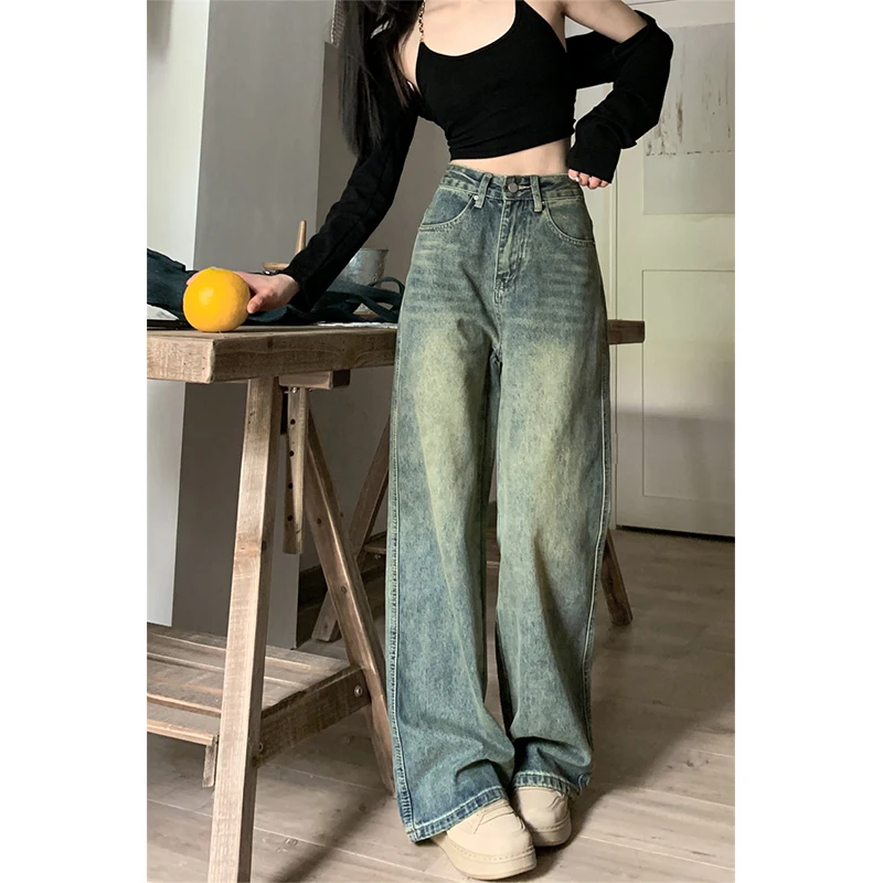 

2024 Women Spring Autumn Vintage Straight Denim Trousers Female High Waist Wide Leg Pant Ladies Casual Long Loose Jeans S744