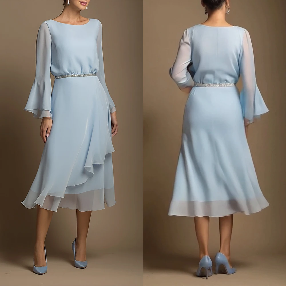Customized O-neck Knee Length Full Sleeves Blue Beaded Elegant Dress Women for Wedding Party Платье Корейский Стиль فساتين 드레스