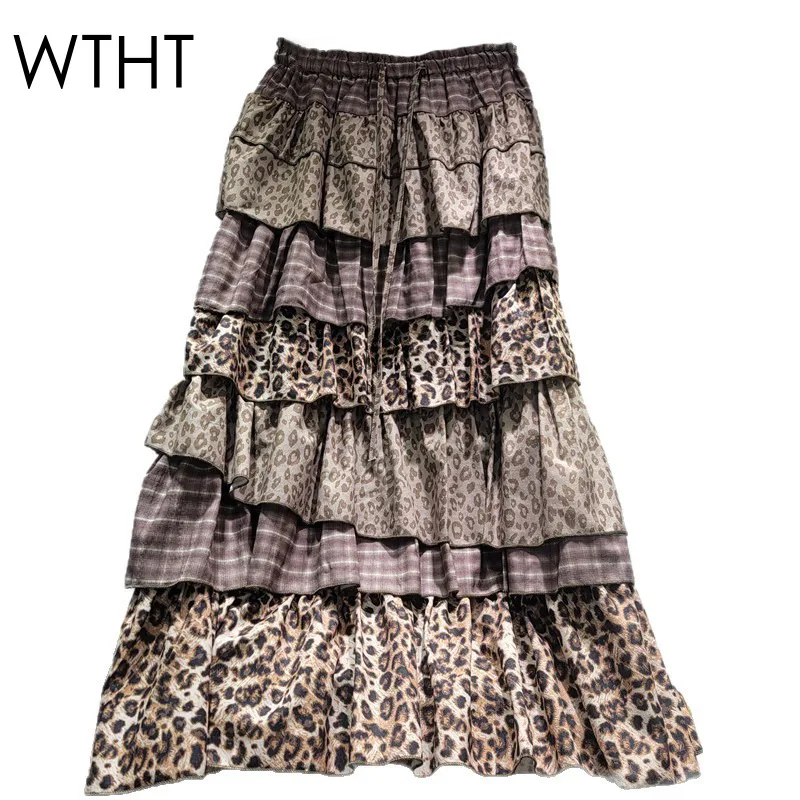 WTHT Vintage Fashion Women's Spliced Leopard Multi-layer Cake Long Skirts 2025 Winter Elastic Waist A-line Skirt Female 1LS2815