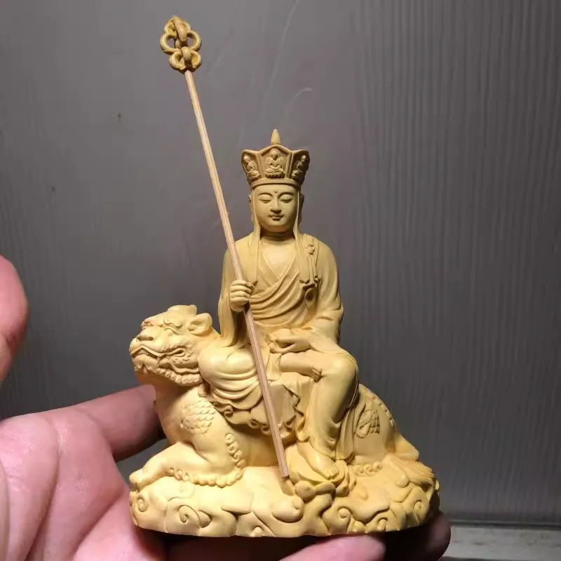 

Buddhist Sculpture - Boxwood Carving of Kṣitigarbha Riding Diting, Zen Home Decor, Vehicle Blessing Ornament & Spiritual Gift