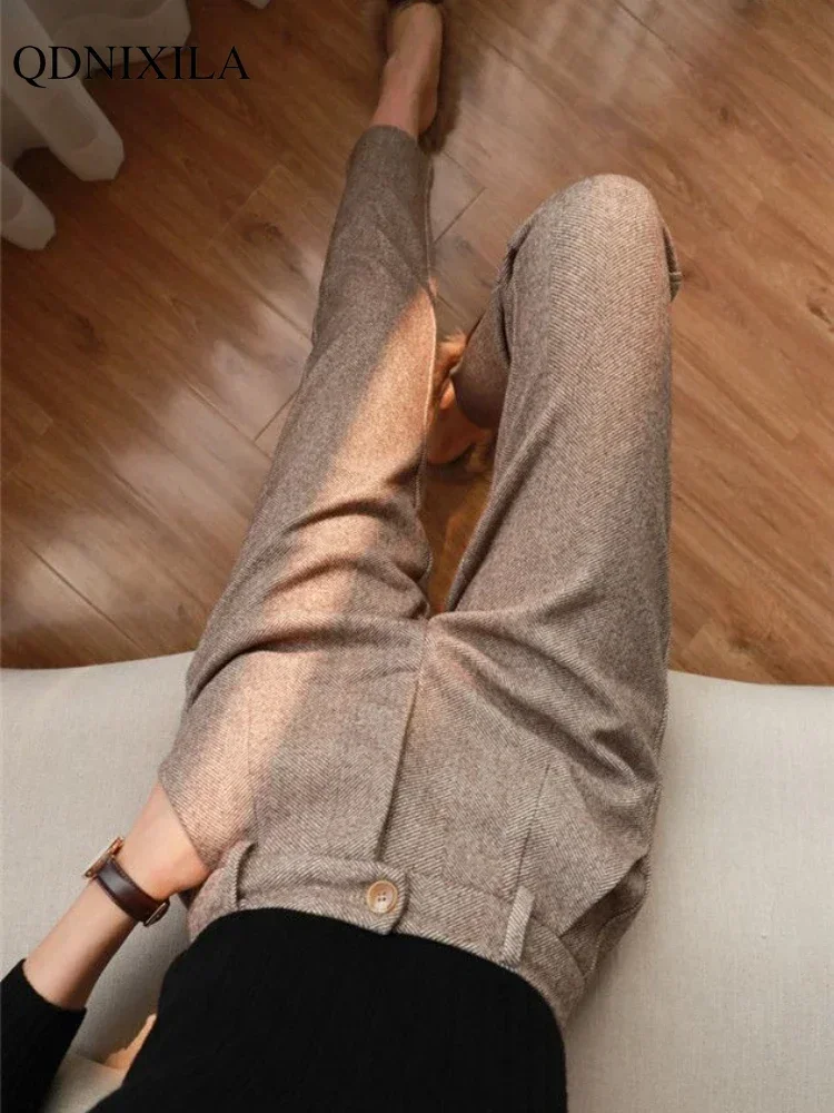 Autumn New Woolen Women\'s Pants Korean Fashion Hight Waist slimming Suit Pants Vintage Plus Size Straight Harem Casual Trousers