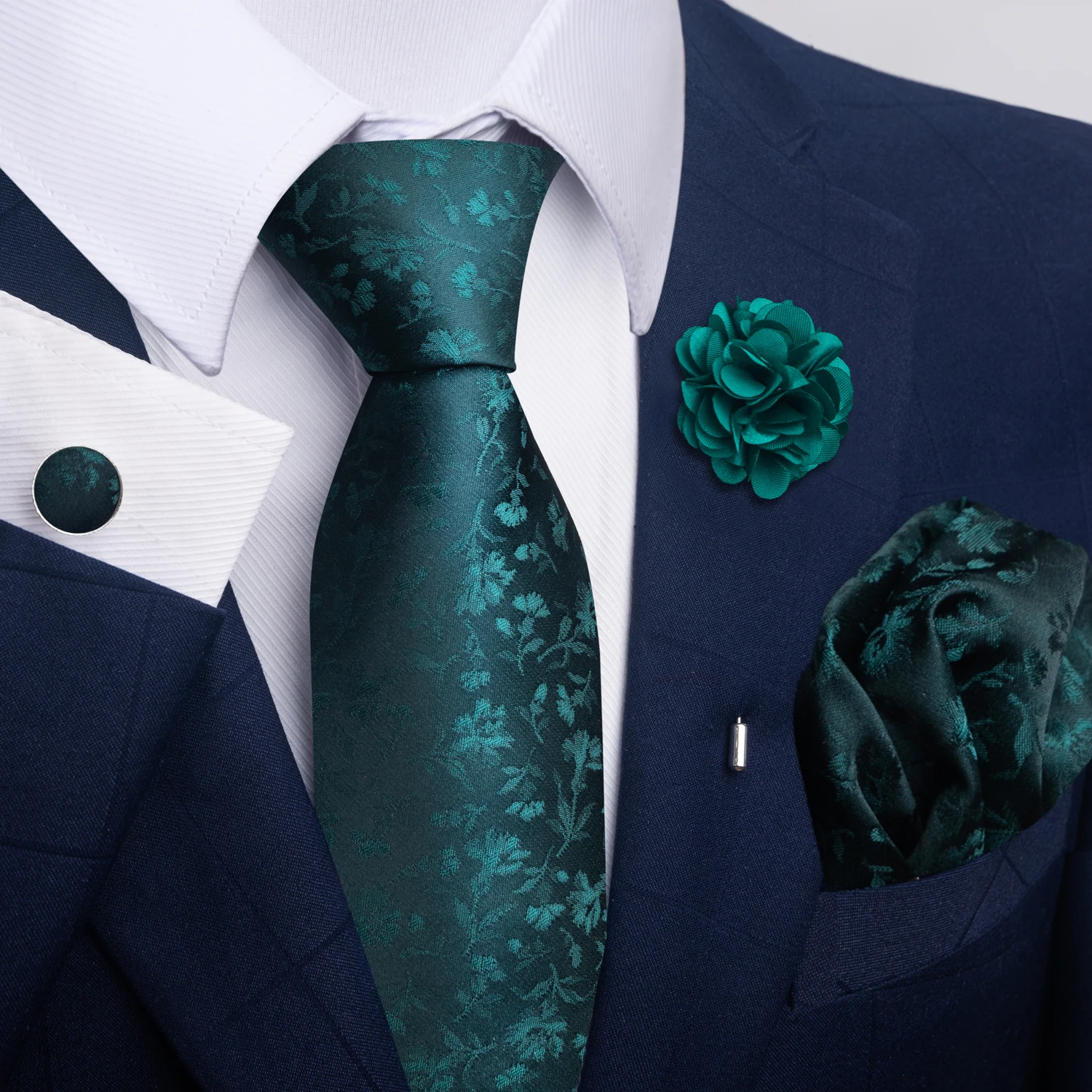 

High Quality 8 cm Tie Pocket Squares Pin Set Necktie Green Floral For Men Silk Gravata Wedding Accessories Fit Formal Party