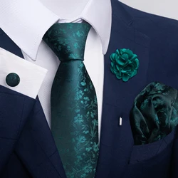High Quality 8 cm Tie Pocket Squares Pin Set Necktie Green Floral For Men Silk Gravata Wedding Accessories Fit Formal Party