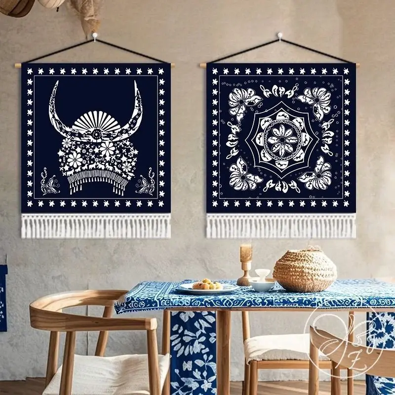 VIKAMA Retro Indigo Ethnic Tapestry Tassel Wall Hanging Polyester Backdrop Bedroom Dorm Living Room Boho Aesthetic Home Decor