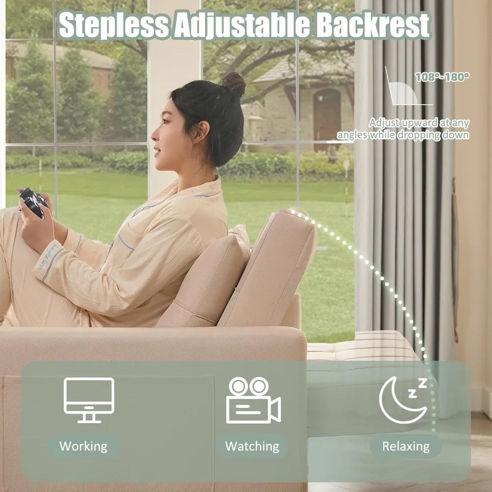 أريكة نوم 3 في 1 قابلة للتحويل مع سرير قابل للسحب، تتميز بمقعدين ومسند ظهر قابل للتعديل وجيوب جانبية للراحة #3