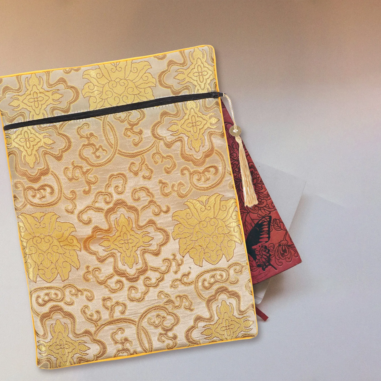 Buddhist Scripture Pouch Zippered Compact Cloth Bag Tassel Detail Elegant Design for Scriptures Prayer Books Book Sleeve Carrier
