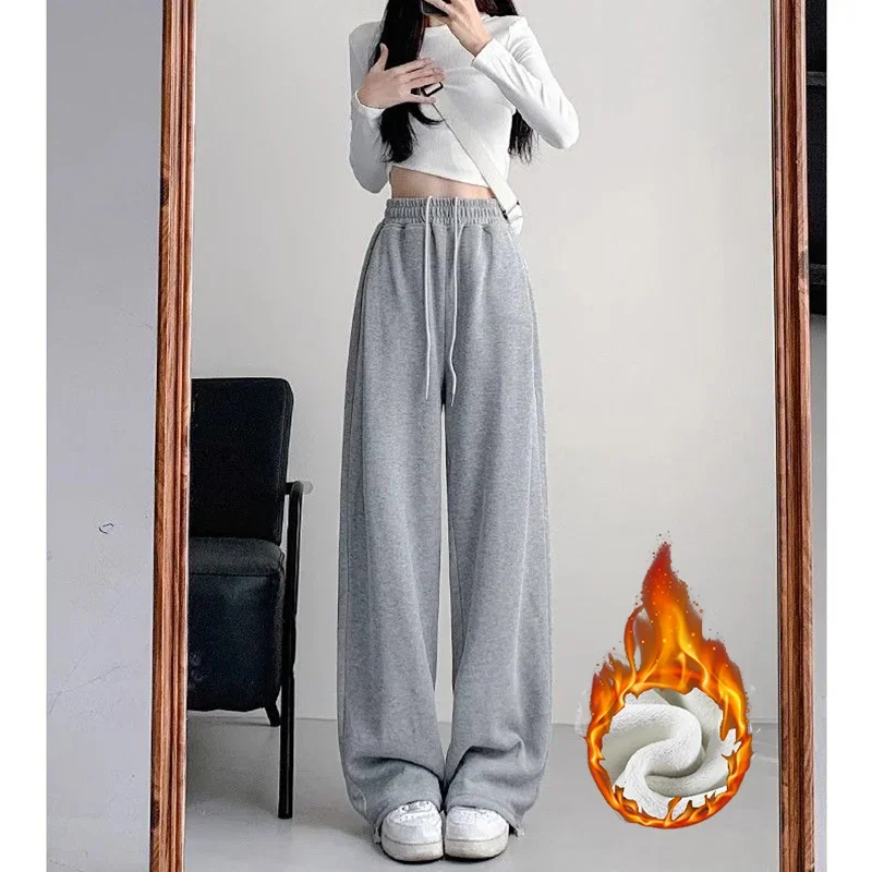 Zimowe dziewczęce koreańskie spodnie polarowe z wysokim stanem, termiczne, modne damskie spodnie z prostymi nogawkami, pluszowe spodnie, luźne spodnie śnieżne, ciepłe czarne spodnie.