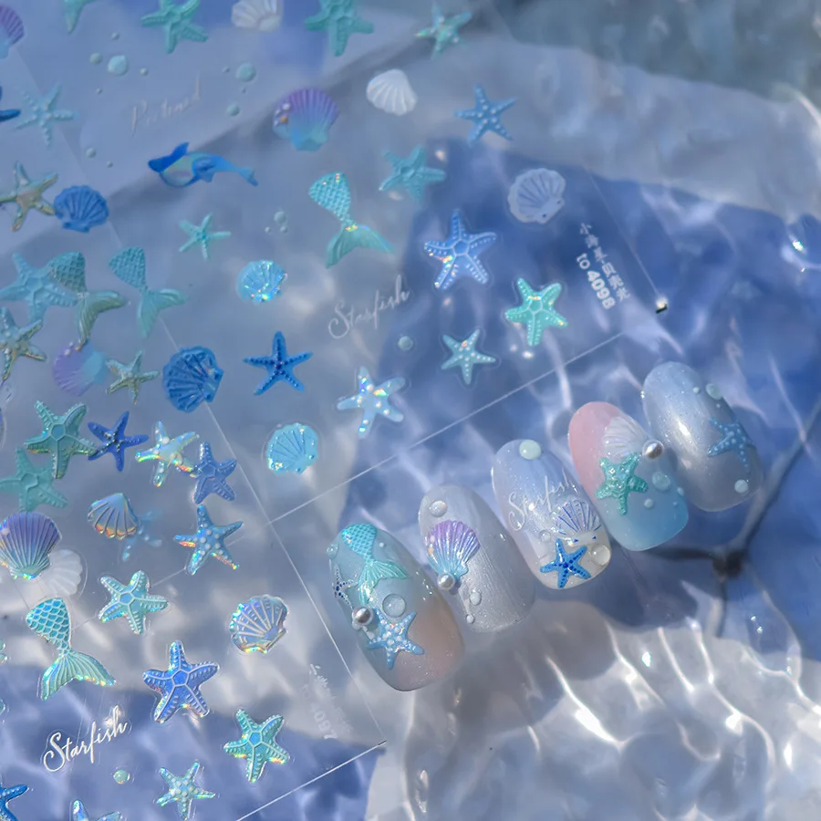 

1 Sheet Starfish Nail Stickers Press on Nails Pearlescent Iridescent Self-Adhesive Cute Kawaii Nail Art Decals for Manicure DIY