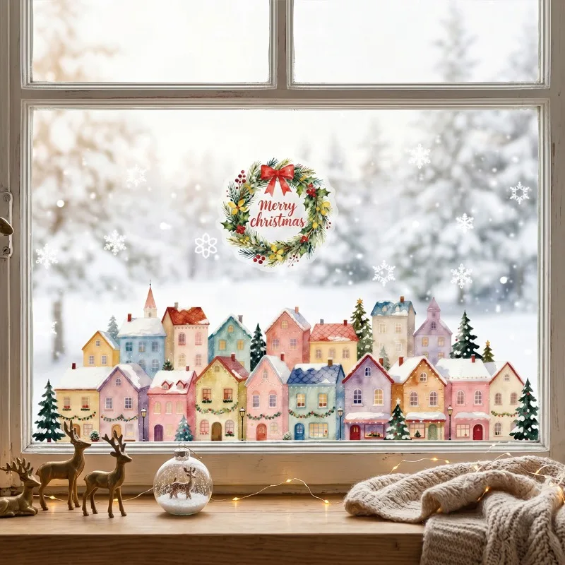 New Christmas Watercolor House Static Glass Decor Removable Window Clings for Bedroom Living Room