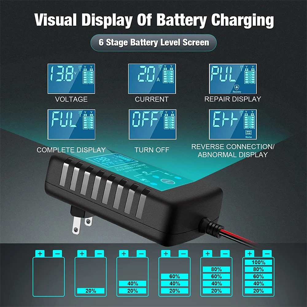 Car Battery Charger 6V 12V 2A Digital Full Automatic Lead Acid Battery Charger Pulse Repair For Motorcycle Kids Toy EU Plug