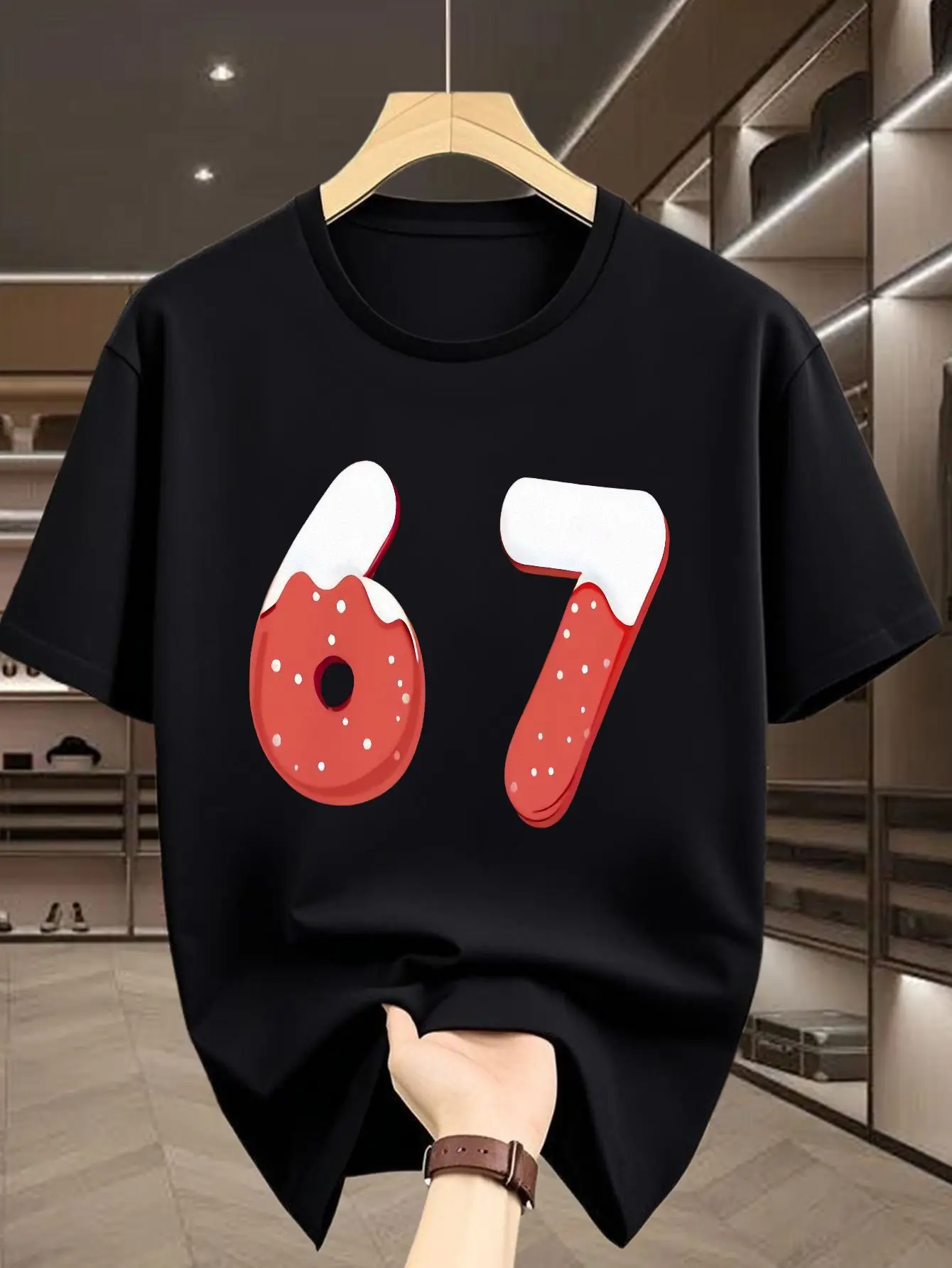 Cute Strawberry Frosting Number 67 Donut Print Mens Short Sleeve Tshirt Crew Neck Sweet Theme Casual Daily Comfort Wear