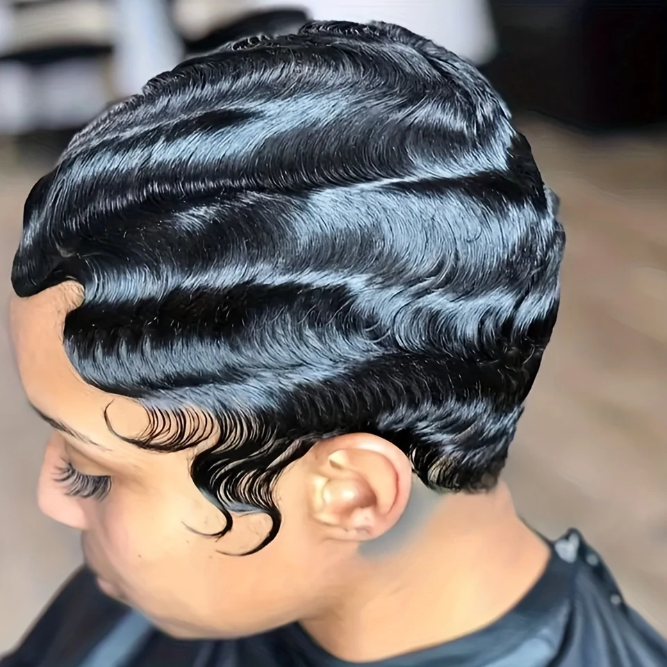 곱슬 웨이브 핑거 웨이브 픽시컷 가발 (여성용) 150% 밀도 6인치 인모 가발 (여성용) 풀머신 메이드 가발